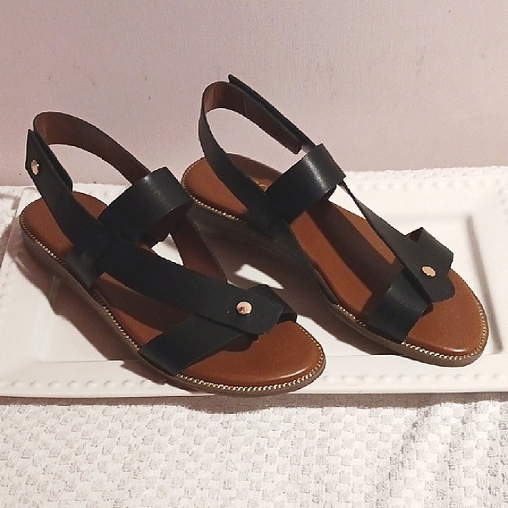 Franco Sarto Black & Brown Strappy Leather Slide Sandals